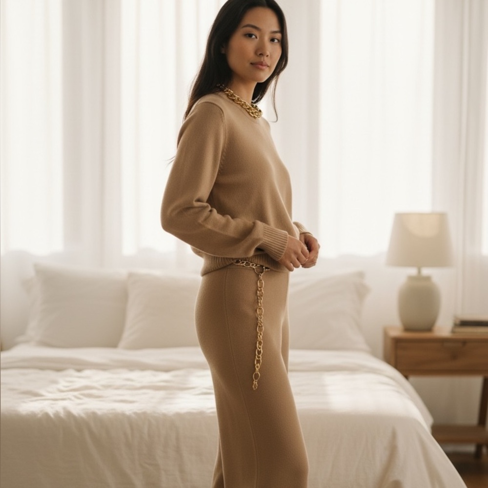 Paco Rabanne NWT$2144 Camel 2 PC Wool & Cashmere Knit Pants Top M Gold Chains